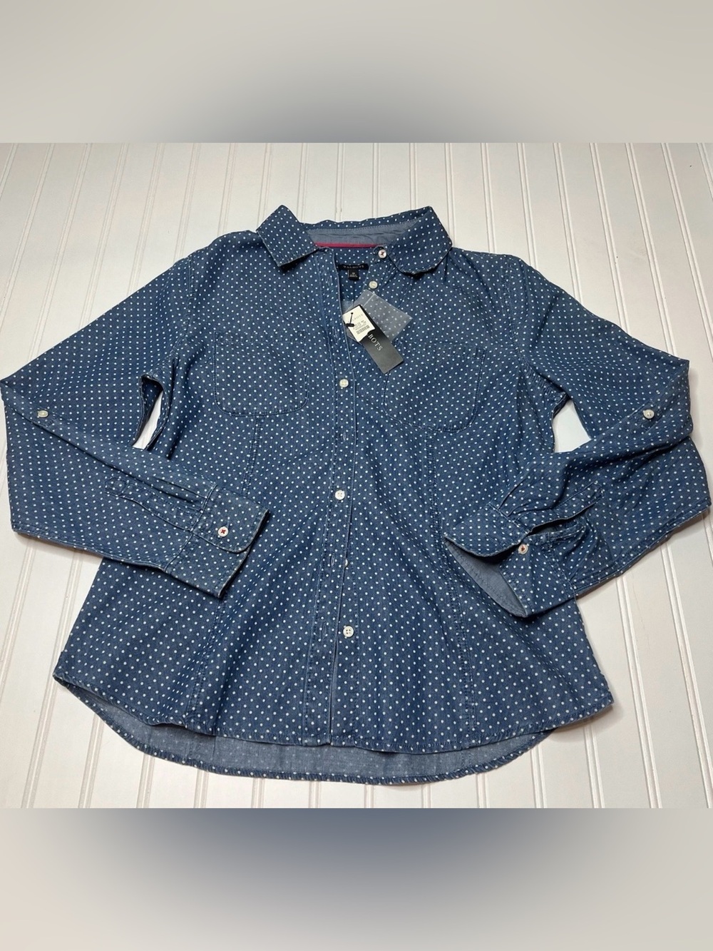 Talbots Chambray Denim Polka Dot Button Up Down Shirt Top 10 Women NEW. 248